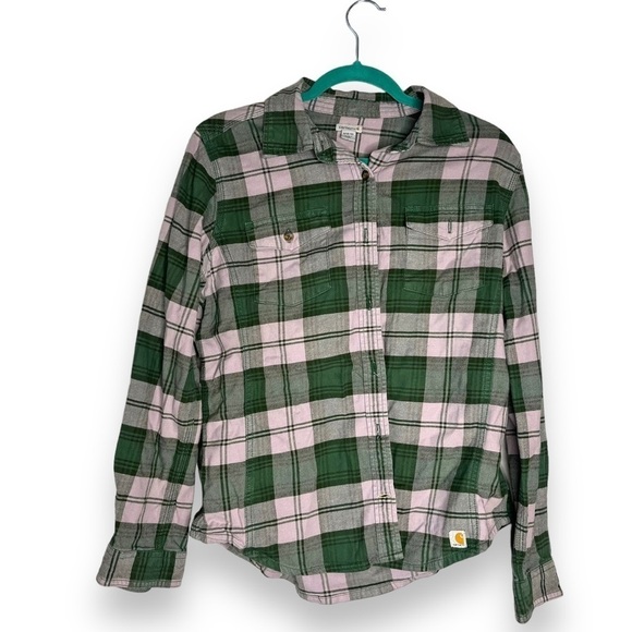 Carhartt Green Purple Flannel Shirt Size Medium Long Sleeve Plaid Collared Shirt - Picture 1 of 7